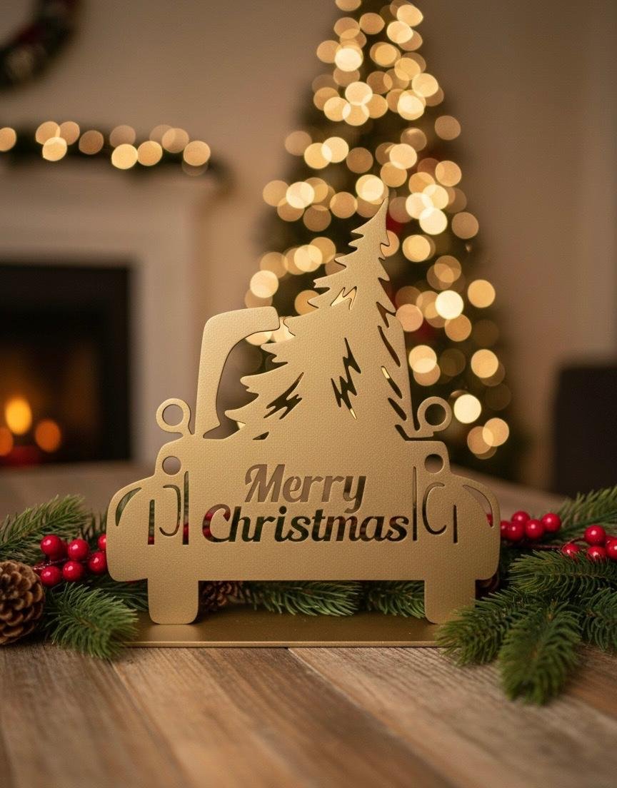 Gold Truck Merry Christmas Decor