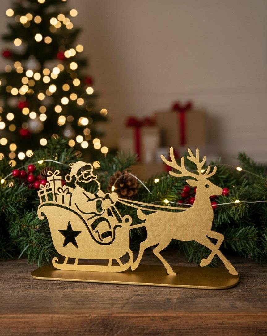 Gold Santa Sleigh and Reindeer Decor